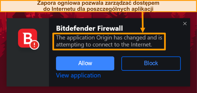 Zrzut ekranu powiadomienia zapory sieciowej Bitdefender.