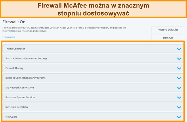 Zrzut ekranu przedstawiający funkcje McAfee Firewall