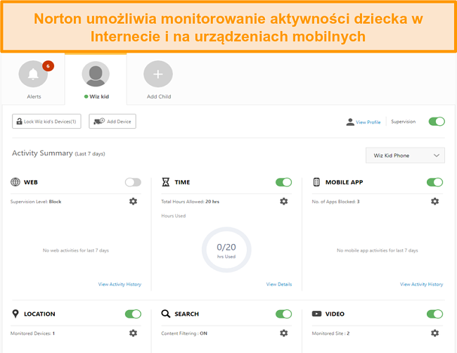 Zrzut ekranu ustawień kontroli rodzicielskiej Norton 360.