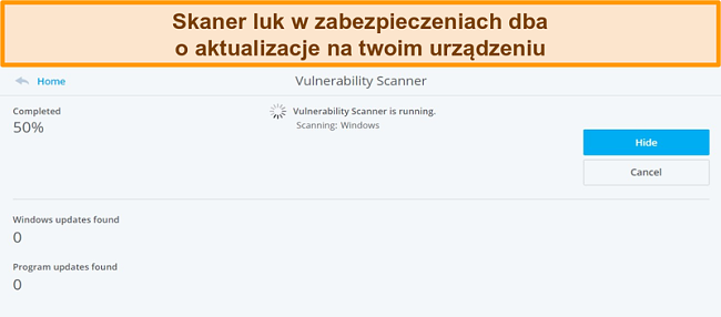Zrzut ekranu przedstawiający narzędzie McAfee Vulnerability Scanner wykonujące skanowanie systemu