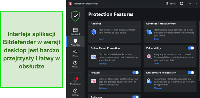 Zrzut ekranu interfejsu aplikacji Bitdefender dla systemu Windows