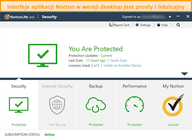 Zrzut ekranu strony głównej Norton 360 w systemie Windows