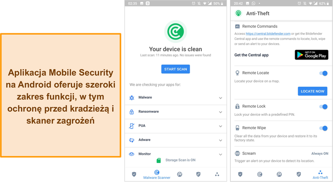 Zrzut ekranu aplikacji Mobile Security firmy Bitdefender.