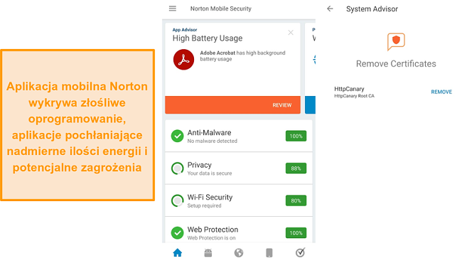 Zrzut ekranu aplikacji zabezpieczającej Norton Mobile.