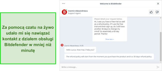 Zrzut ekranu rozmowy na czacie na żywo z agentem wsparcia Bitdefender.