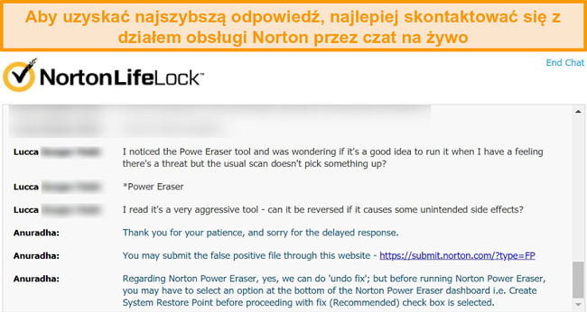 Zrzut ekranu rozmowy z agentem obsługi klienta Norton za pośrednictwem czatu na żywo.