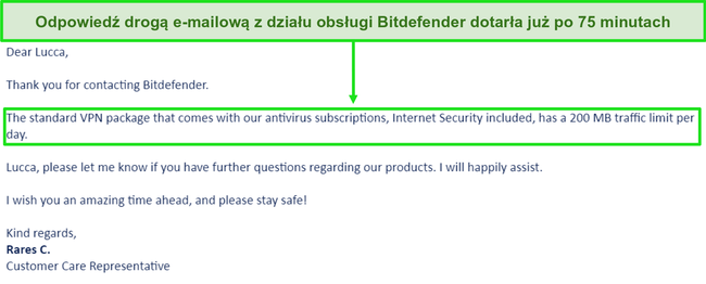 Zrzut ekranu wiadomości e-mail pomocy technicznej od Bitdefender.