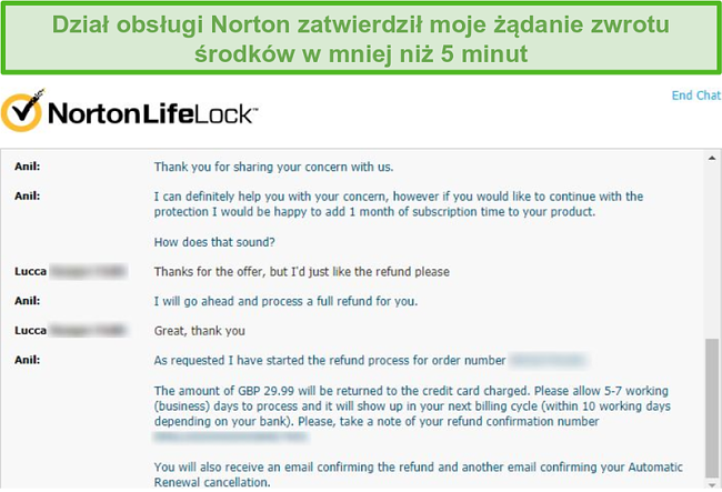 Zrzut ekranu przedstawiający otrzymanie zwrotu pieniędzy za pośrednictwem czatu na żywo Norton.