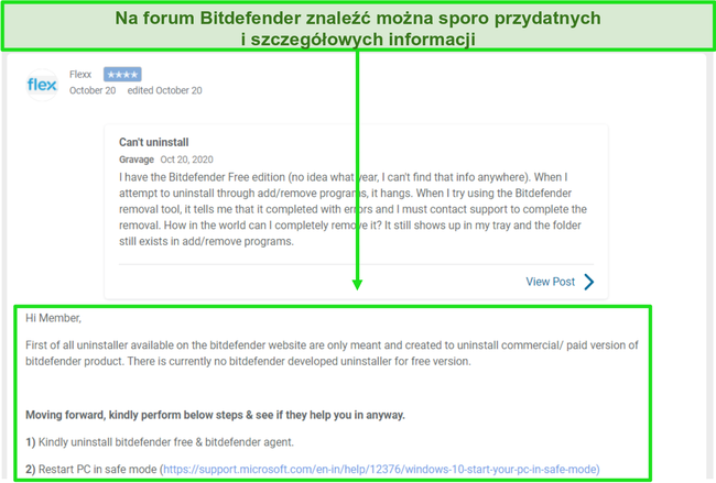 Zrzut ekranu wątku z forum społeczności Bitdefender.