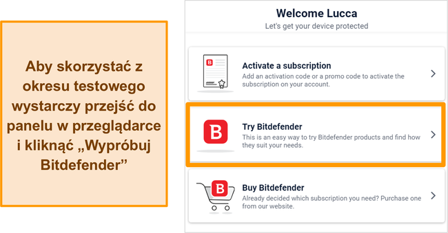 Zrzut ekranu pokazujący, jak rozpocząć wersję próbną Bitdefender z poziomu pulpitu internetowego Bitdefender Central.