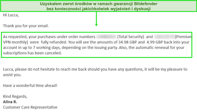 Zrzut ekranu pomyślnej wiadomości e-mail z prośbą o zwrot pieniędzy od agenta pomocy technicznej Bitdefender.