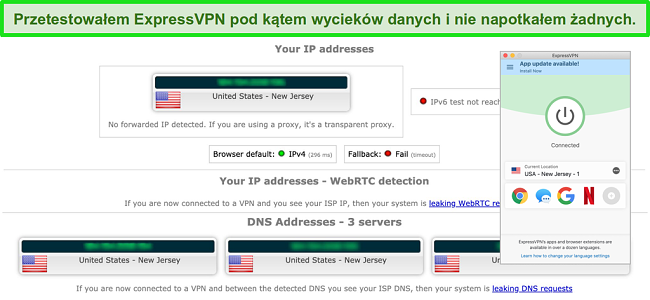 Zrzut ekranu przedstawiający, jak ExpressVPN pomyślnie przeszedł test szczelności IP, WebRTC i DNS podczas połączenia z serwerem w USA