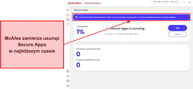 Zrzut ekranu przedstawiający narzędzie McAfee Secure Apps/Vulnerability Scanner zostanie wkrótce usunięte