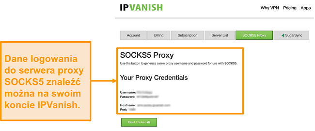 Zrzut ekranu przedstawiający bezpłatne poświadczenia serwera proxy SOCKS5 IPVanish na stronie internetowej