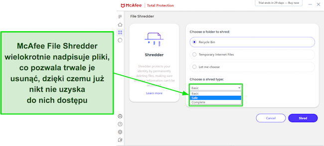 Zrzut ekranu przedstawiający różne opcje niszczenia dostępne w programie File Shredder firmy McAfee