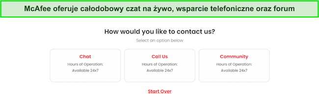 Zrzut ekranu dostępnych opcji obsługi klienta w witrynie firmy McAfee