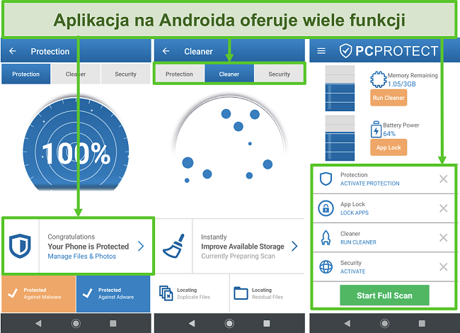 Zrzut ekranu aplikacji PC Protect na Androida oferującej wiele funkcji.