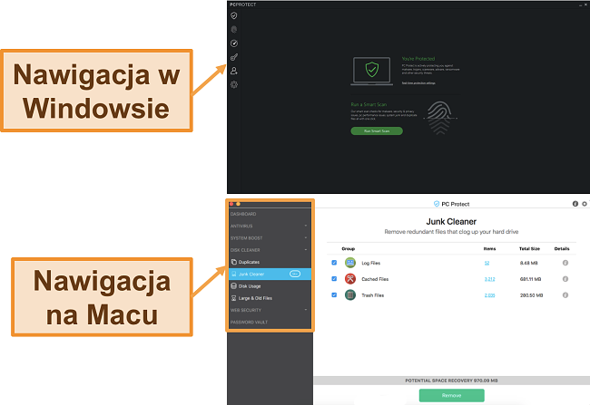 Zrzut ekranu menu nawigacji programu PC Protect w systemach Windows i Mac.
