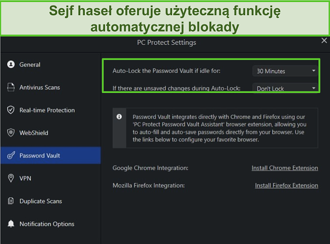 Zrzut ekranu ustawień magazynu haseł programu PC Protect z funkcją automatycznego blokowania.