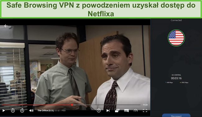 Zrzut ekranu przedstawiający VPN Bezpieczne przeglądanie programu PC Protect omijający ograniczenia geograficzne w celu uzyskania dostępu do amerykańskiego serwisu Netflix.
