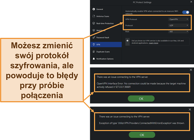 Zrzut ekranu przedstawiający błędy VPN Bezpiecznego przeglądania programu PC Protect i protokoły szyfrowania.