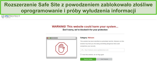 Zrzut ekranu witryny PC Protect Safe skutecznie blokującej próbę złośliwego oprogramowania.