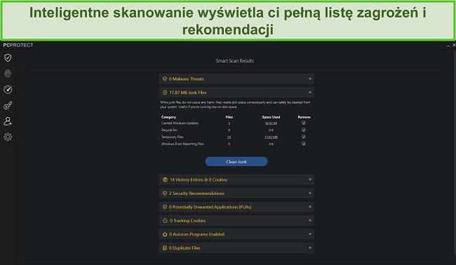 Zrzut ekranu programu PC Protect po uruchomieniu Smart Scan, który wyświetla listę wszelkich znalezionych zagrożeń lub zaleceń.