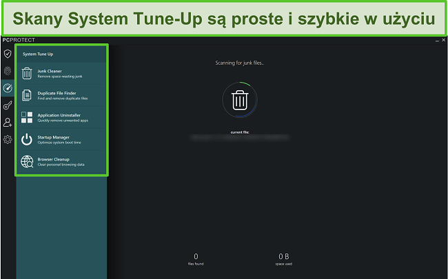 Zrzut ekranu z listą optymalizacji systemu programu PC Protect, która pomaga zwolnić miejsce na dysku twardym i zapewnia płynne działanie urządzenia.