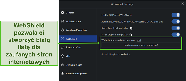 Zrzut ekranu ustawień PC Protect Web Shield, które pomagają chronić Cię w Internecie.
