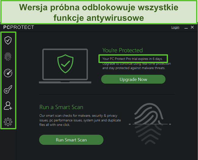 Zrzut ekranu wersji próbnej programu PC Protect i jego odblokowanych funkcji.