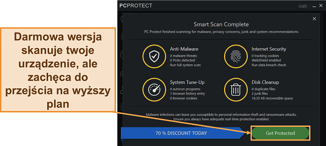 Zrzut ekranu bezpłatnej wersji programu PC Protect, który przeprowadza skanowanie przed poleceniem aktualizacji.