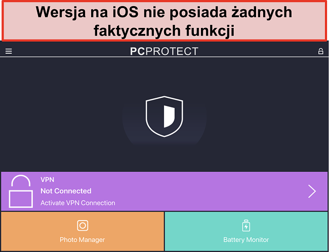 Zrzut ekranu aplikacji PC Protect na iOS, która nie ma żadnych prawdziwych funkcji.