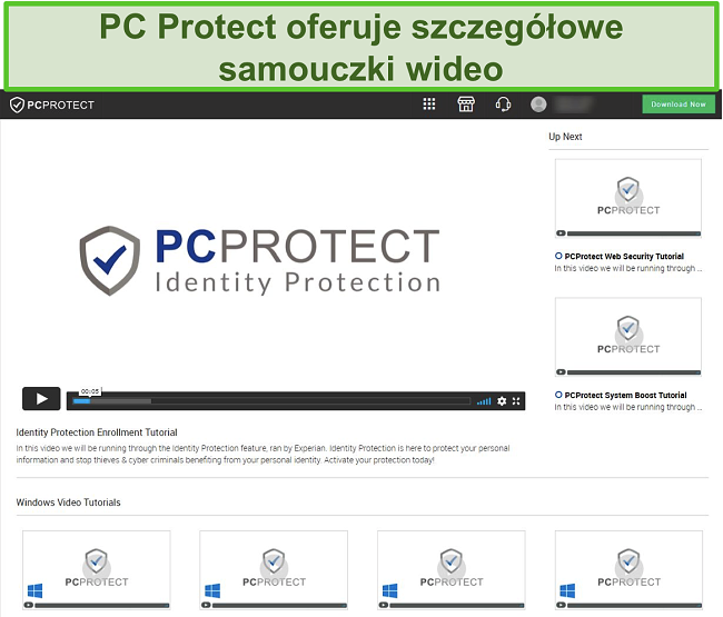 Zrzut ekranu samouczków wideo PC Protect, do których można uzyskać dostęp za pośrednictwem witryny internetowej.