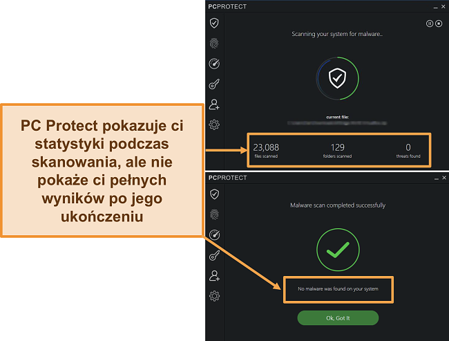 Zrzut ekranu przedstawiający PC Protect wykonujący skanowanie w poszukiwaniu złośliwego oprogramowania, który wyświetla statystyki tylko podczas skanowania. Po zakończeniu wyniki znikają.