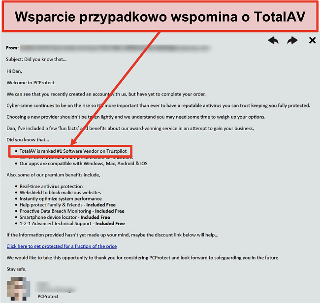 Zrzut ekranu przedstawiający zespół wsparcia PC Protect, który przypadkowo rekomenduje Total AV jako wybór numer 1.