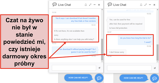 Zrzut ekranu przedstawiający zespół wsparcia PC Protect, który nie powiedział mi, czy oferowano bezpłatną wersję próbną, a jeśli tak, to jak długo to trwało.