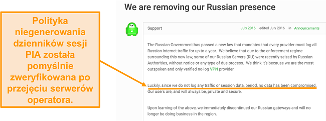 Zrzut ekranu strony internetowej Private Internet Access VPN z postem na blogu opisującym powód wycofania PIA z Rosji