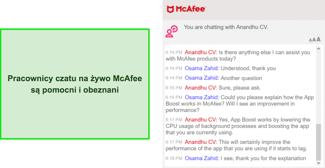 Zrzut ekranu rozmowy z obsługą czatu na żywo firmy McAfee