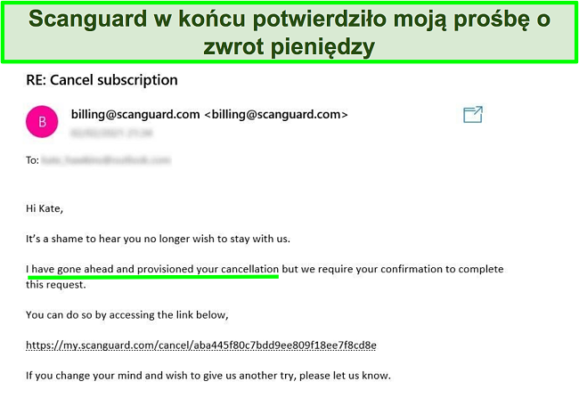 Zrzut ekranu użytkownika żądającego zwrotu pieniędzy z gwarancją zwrotu pieniędzy od zespołu obsługi klienta Scanguard