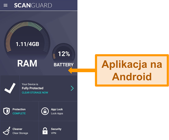 Zrzut ekranu interfejsu aplikacji Scanguard na Androida.