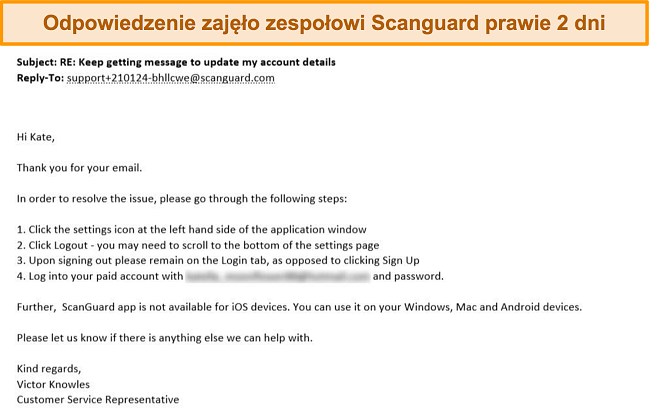 Zrzut ekranu z odpowiedzią e-mail obsługi klienta od Scanguard.