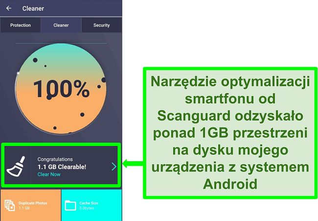 Zrzut ekranu funkcji Scanguard's Cleaner w systemie Android, która usuwa ponad 1 GB zduplikowanych zdjęć.