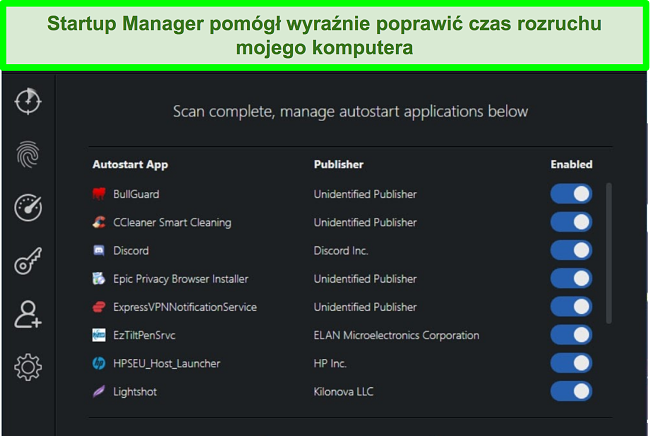 Zrzut ekranu Menedżera uruchamiania Scanguard z wymienionymi aplikacjami autostartu.