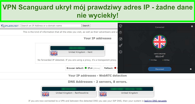 Zrzut ekranu VPN firmy Scanguard i test wycieku IP pokazujący brak wycieków danych.
