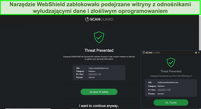 Zrzut ekranu funkcji WebShield firmy Scanguard, która blokuje dostęp do strony testującej złośliwe oprogramowanie.