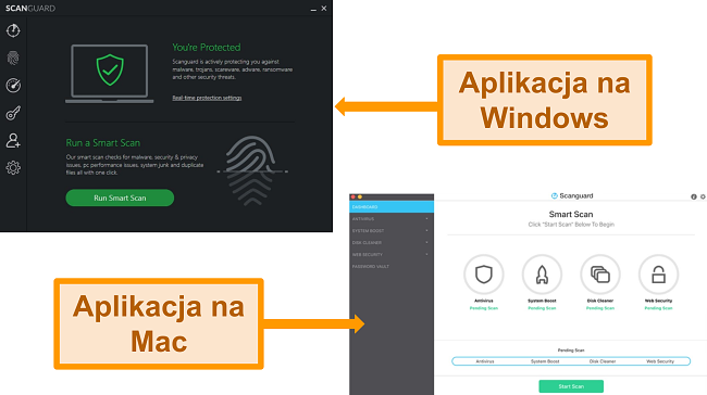 Zrzuty ekranu interfejsów Scanguard dla Windows i Mac.