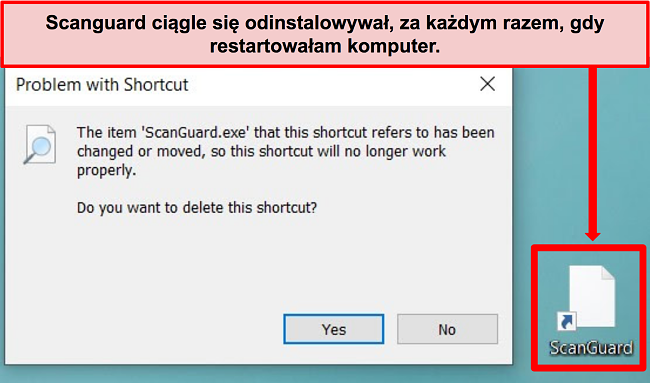 Zrzut ekranu uszkodzonego skrótu Scanguard na komputerze z systemem Windows.