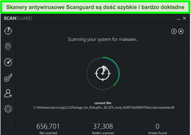 Zrzut ekranu skanowania systemu Scanguard działającego na komputerze z systemem Windows.