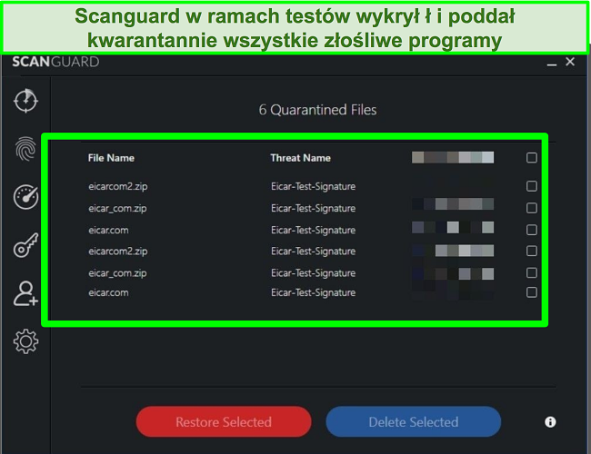 Zrzut ekranu kwarantanny Scanguard z wieloma plikami testowymi złośliwego oprogramowania.