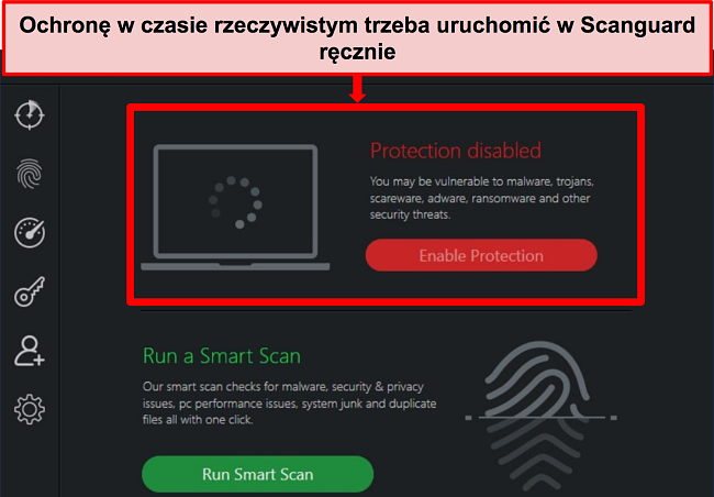 Zrzut ekranu aplikacji antywirusowej Scanguard z wyłączoną ochroną w czasie rzeczywistym.